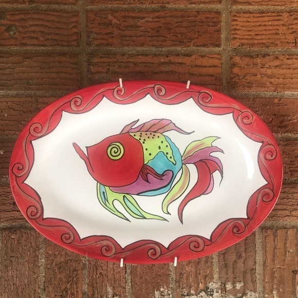 Vintage Hand Painted Colorful Fish Ceramic Serving Platter Signed by K. Kahl